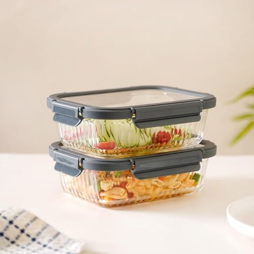 Image of Nestasia Glass Lunch Box for Women and Men (Set of 2-1040ml Each) - Borosilicate Rectangular Clear Lunch Box for Office Use, Microwave Safe, Airtight Tiffin Containers with Safety Lock