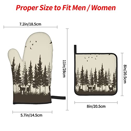 Oven Mitts And Pot Holders Sets Of 4,Deer In The Forest Cabin Fog Bird Mountain Hunting Theme Yellow And Coffee Country Moose,Oven Mitts Heat Resistant Oven Gloves Set Potholders For Kitchen #TOP3