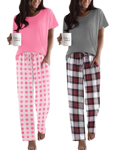 Image of Ekouaer 2 Pack Pajamas for Women Set Short Sleeve Pj Top and Printed Pants | Soft PJs Cozy Printed Lounge Sets Comfy Sleepwear with Pockets