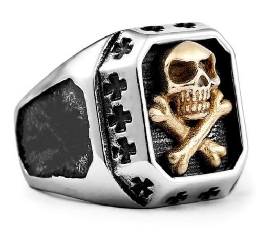 HUKQBUNX 925 Sterling Silver 18K Gold Two-Color Personalized Retro Stainless Steel Skull Bone Cross Trendy Men's Personalized Fashion Ring Size 7-10 (Size 7)