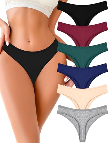 Image of FINETOO Cotton Thongs for Women Soft Low Rise Sexy Thong Ladies Panties Womens Underwear 6 Pack XS-XXXL