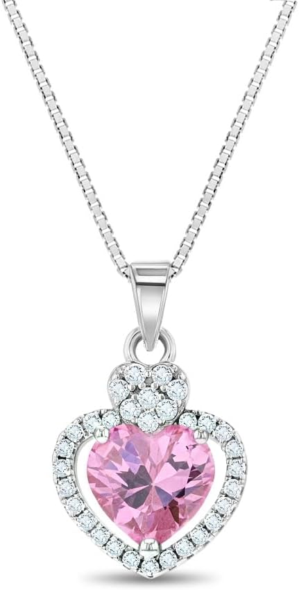 925 Sterling Silver Pink & Clear Cubic Zirconia Heart Pendant Necklace for Little Girls - Princess Heart Jewel Pendant Necklaces for Children & Preteens - Stylish & Elegant CZ Jewelry for Girls