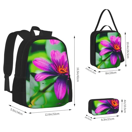 Flower Leaves Purple Red Flower Print 3 Piece Backpack Set, Laptop Daypack, Lightweight Bookbag Set With Lunch Bag Pencil Case3