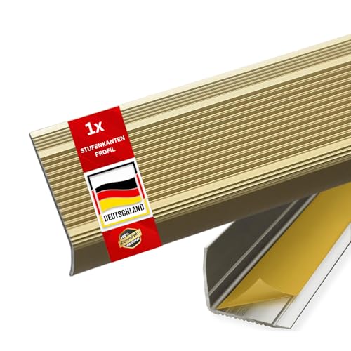 Floordirekt Perfil de borde de escalera en forma de L de aluminio, 1 unidad. 134 x 3 x 2 cm, dorado, autoadhesivo para parqué y laminado, incluye material de montaje, integral