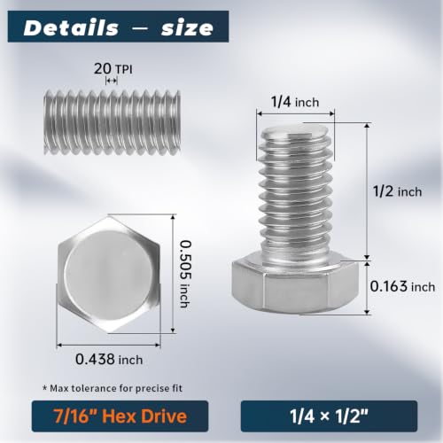 Image of 10 Sets Glvaner 1 /4-20 x 1 /2 inch Stainless Steel Hex Head Screws Bolts, Nuts, Flat & Lock Washers, 18-8 (304) Stainless Steel, Full Thread, Coarse Thread