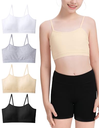 BOOPH Cotton Training Bras for Girls Teen Girl Sport Bra 10-16 with Fixed Pads Kids Cotton Cami Bras11-12 Years Black/White/Gray/Nude