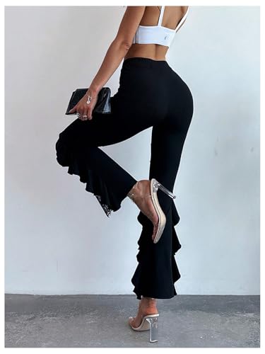 GORGLITTER Women's Lace Goth Bell Bottom Pants Mesh Flare High Waisted Flared Leggings2