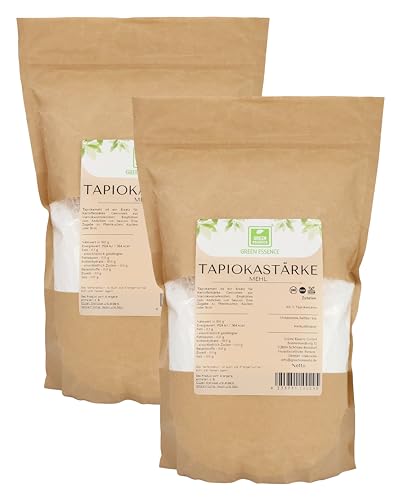 Tapiokastärke 2kg von Green Essence - vegan - Tapiokamehl - empfohlen zum Andicken von Soßen - Zusatz zu Pfannkuchen - Maniokmehl - Maniokastärke - set 2x 1kg Tapioka Pulver