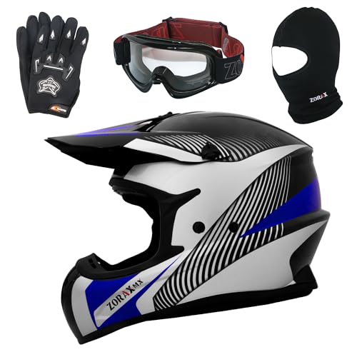 Zorax Black/Silver/Blue M (57-58cm) ZOR-X305 Motocross Off Road Helmet & Black Gloves M(9cm) & Goggles & Balaclava - MX Quad Dirt Bike ATV Sports Enduro Crash Helmet ECE2206