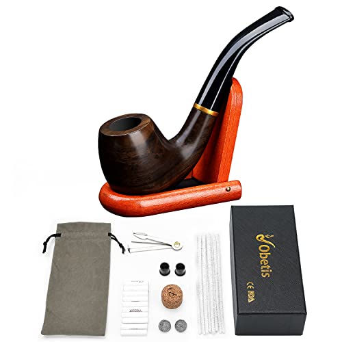 Obetis Bent Tobacco Pipe, Handmade Ebony Wood Smoking Pipe, Perfect Beginner Pipe Kit with Ultimate Beginner Guide E-Book - Smoking Gift Set and Accessories