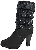 Absatz Damen Stiefel Strick Stiefeletten Boots Strickschaft High Heels leicht gefüttert BL62 (36, Grau Glitzer)