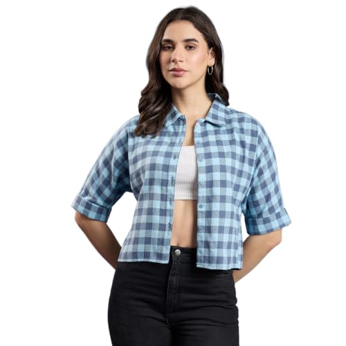 Image of Chimpaaanzee Women Checks Half Sleeve Crop Shirt