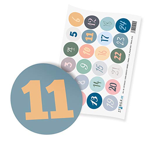 itenga 24x Adventskalenderzahlen I Sticker Aufkleber Klein I Pastell Mix I 2 0 cm I ideal zum Basteln von Adventskalendern oder Geschenken I Ziffern von 1 bis 24