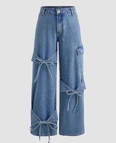 Baggy Jeans for Woman Teen Girls Bow Jeans High Waisted Straight Leg Cute Pants Casual Preppy Clothes4