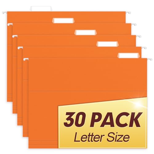 HERKKA Hanging File Folders, 30 Pack Reinforced Letter Size Hanging Folders, Designed for Bulky Files, Filing Cabinet, 1/5-Cut Adjustable Tabs (Orange)
