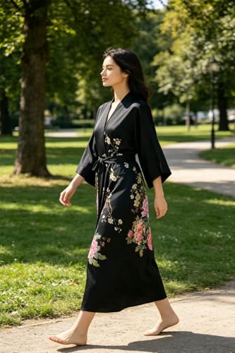 Image of Women's Classic 100% Silk Kimono Robe, Bathrobe-Printed Pattern