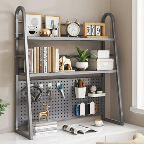 OOPDNEGAK All Metal Scalable Desk Top Hutch Sheleves, 2-Tier Ladder Computer Countertop Hutch Bookshelf/Bookcase, Multi-Function Storage Display Organizer Rack For Home Dorm(Grey)