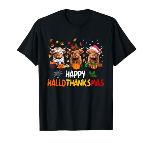 Happy Hallothanksmas Highland Cow Halloween Thanksgiving T-Shirt