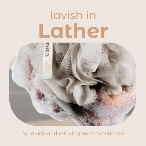 Image of MainBasics Shower Loofah Sponge Pouf, Set of 3, Totally Taupe | Soft Mesh Body Scrubber and Bath Sponge for Gentle Exfoliation, Rich Lather, and Everyday Shower Use