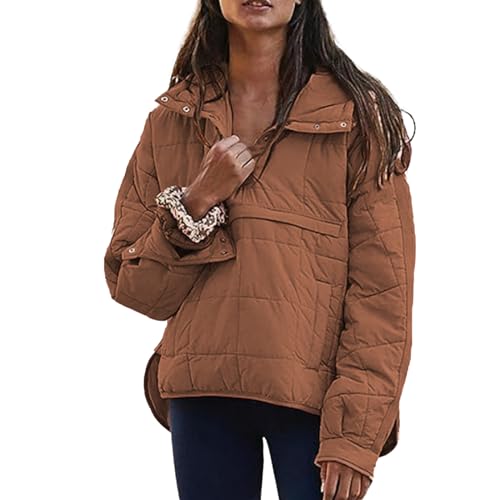 uSecee Womens Dolman Quilted Jackets Long Sleeve Casual Winter Lightweight Button Down Warm Puffer Coat Brown