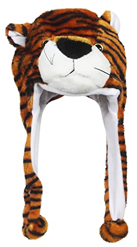 Timiot Cute Plush Animal Character Winter Hat Fun Ski Cap with Detailed Animal Face Long Ear Straps with Pom Pom Ends (Brown Tiger)