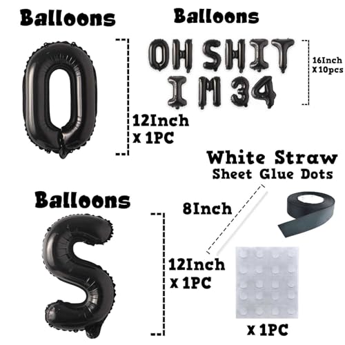 Image of Oh I'm 34! Latex Balloons 16 Inch Black Hallo Thirty four Cheers to 34 Years Old Theme Decor for Man Woman Happy 34th Birthday Party Photo Studio Prop Flag Decorations Favors Supplies