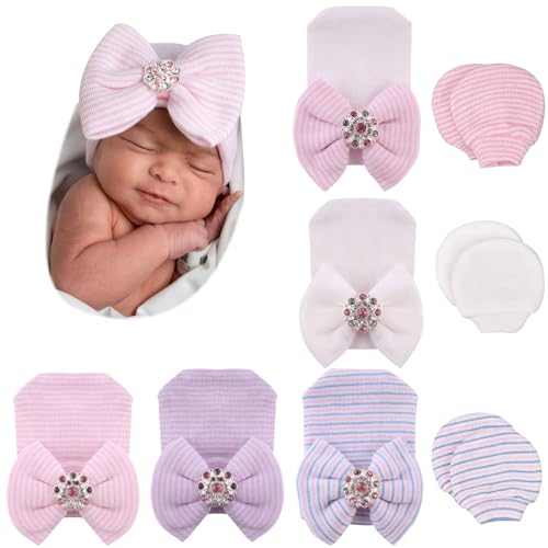 Image of BQUBO Newborn Baby Caps Mittens for Baby Girls Set Hospital Hat Beanie Infant Hats with Bow Baby Scratch Mitten Gloves