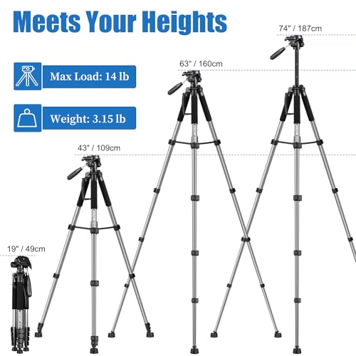 JOILCAN Tripod Camera Tripods, 74\" Tripod for Camera Cell Phone Video Recording, Heavy Duty Tall Camera Tripod Stand, Professional Travel DSLR Tripods Compatible with Canon iPhone