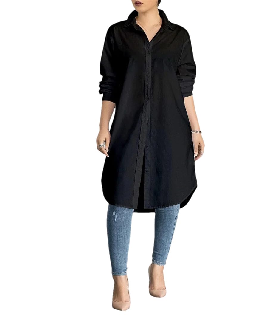 Camicetta lunga da donna con colletto rovesciato, alla moda, casual