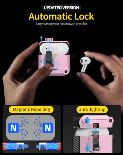 Image of Pohgelan for AirPods 4 Case with Safety Lock-Pink | Carbon Fiber Texture Cover,Magnetic Automatic Lock with Cleaning Kit&Keychain,Compatible with Magsafe