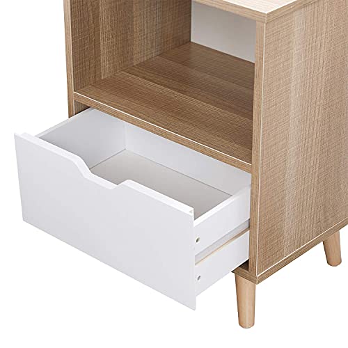 Nightstand Set of 2, 2-Tier End Table with Drawer and Shelf Storage, Side Table Accent Table for Bedroom, Living Room, Natural
