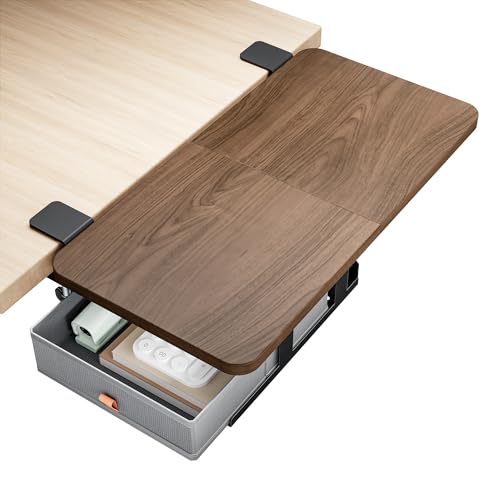 PEGZONE Desk Extender Tray, 24' x 12' Clamp On Desk Shelf, Desk Extension with Storage Drawer, Table Desk Arm Rest, Clamp On Keyboard Tray for Office and Home, Workstation Organizer, Medium, Walnut