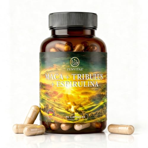 ZENVITAE Maca Andina para Líbido y Energía Diaria 90 Capsulas para 3 Meses Formula 6 en 1 Zinc + Vitaminas C y B12 Concentración con Tribulus Terrestris y Espirulina 9.000 mg