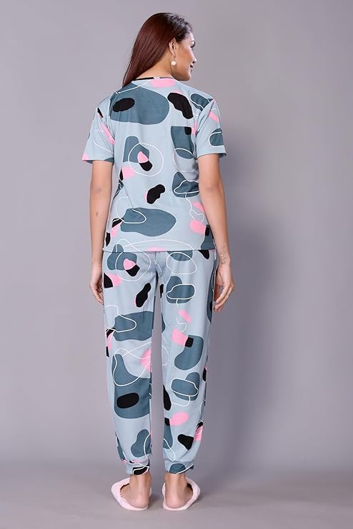 Image of VJ Fashion Women's Cotton Lycra Printed & Knitted Round Neck Night Wear Set of Top and Pazama