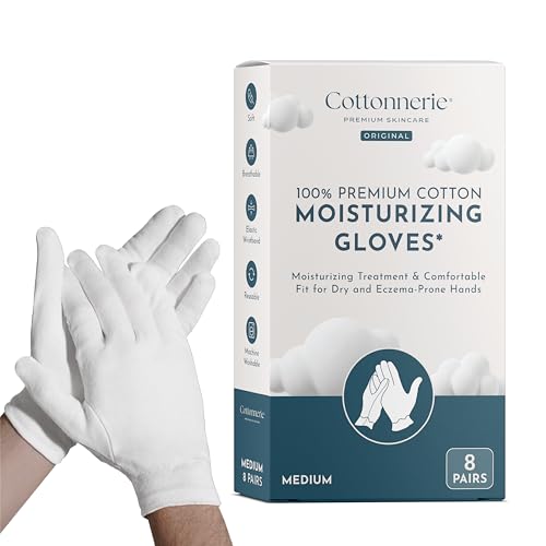 Cottonnerie Original Cotton Gloves for Dry Hands Sleeping, Moisturizing Gloves Overnight, Hand Moisturizer Gloves, Moisture Gloves for Dry Hands Overnight, Sleeping Gloves, Medium 8 Pairs