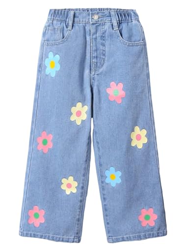 Floerns Girl's Floral Pattern Kids Jeans Elastic Waist Wide Leg Denim Pants