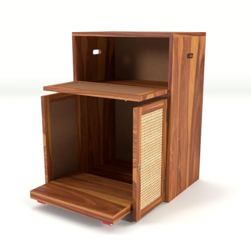 Image of PS DECOR Solid Sheesham Wood Battery Cabinet with Cane Doors | Wooden Inverter Battery Storage Cabinet | Handcrafted UPS Battery Stand with Rattan Panels