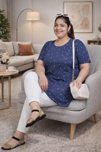 Image of RYSH Women's All-Over Printed Cotton Plus Size Longline T-Shirt with Pockets
