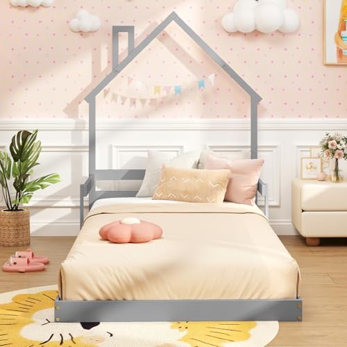Giantex Twin Floor Bed for Kids, Wood Montessori Bed with Chimney Headboard, Without Slats, House...