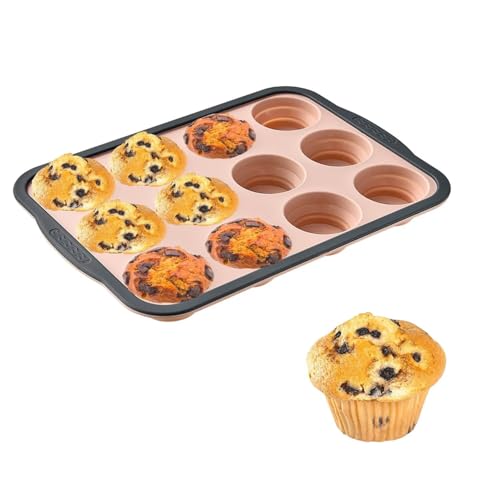YiYeraio Silicone Muffin Trays with Metal Frame 12 Cup Non Stick Cupcake Tray Regular Size Muffin Moulds for Baking Yorkshire Pudding Tray