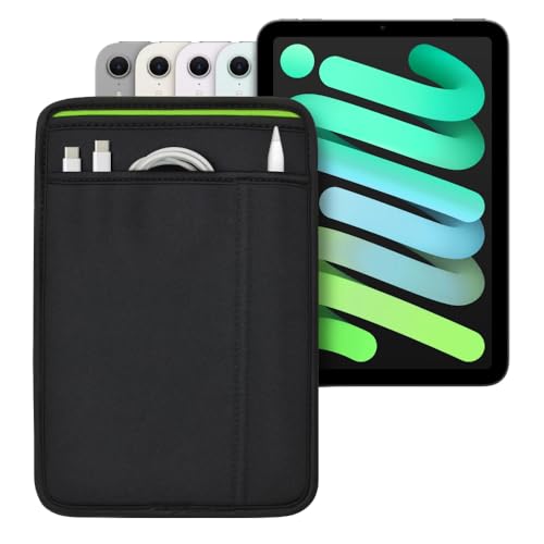 (ポケット付) iPad mini シリーズ用 JustFit スリーブケース (ブラック/グリーン) Apple Pencil 充電ケーブルが収納出来る2つのポケット付 専用設計だからジャストフィット iPad mini2/3/4/5/6/7(A17 Pro)2024 対応 IPMJFSCBG