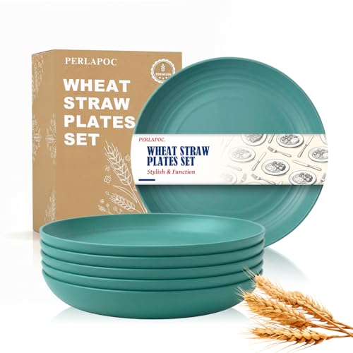 Image of 8 Inch Wheat Straw Plates Set of 6, Reusable Plastic Plates, Green | Unbreakable and Lightweight Small Dinner Plates for Appetizer, Dessert, Cream