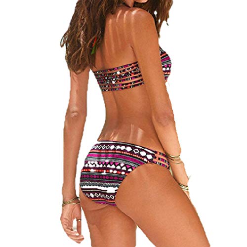 Maillot De Bain Femme 2 Pieces Sexy Push Up Bandeau Bikini À Lacets Ethnique Vintage Imprimé Tankini Bustier Swimwear Pas Cher A La Mode Noir