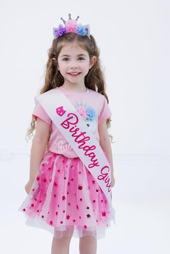 Image of imagikids Birthday Girl Outfit - T-Shirt, Tulle Tutu Skirt, Headband & Satin Sash Set Toddler to Big Kid Sizes (2T - 10-12)