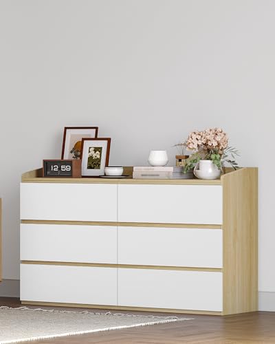 Commode 6 tiroirs chêne-blanc FSC, Hzuaneri