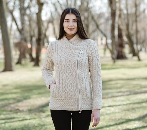Image of SAOL Irish Cardigan for Women Made of 100% Merino Wool Ireland Sweater Cable Knit Zip Jacket