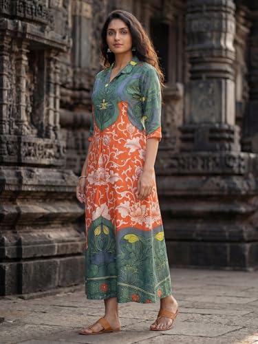 Image of HELLCAT Floral Brown Women Dress|New Trending Dress for Women|Western 3 /4 Sleeve A-line