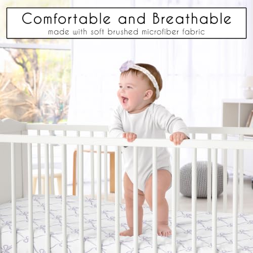 Image of Sweet Jojo Designs Baby Fitted Mini Crib Sheet (Purple Bows) for Girls, Newborn /Infant Nursery, Play Yards, Portable Cribs (Princess, White & Lavender Bow Vintage Coquette Aesthetic, Elegant, Classic)