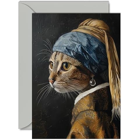 Funny Art Birthday Card for Men Women - The Cat With The Puurl Earring - Awesome Greeting Card for Friend Family Colleague Mom Dad Sister Brother Grandma Grandpa, A5 Joke Greeting Cards Gift Cover