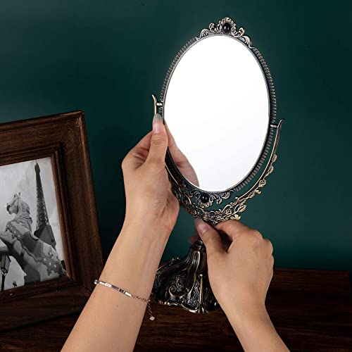 Feyarl 11.2 Inch Metal Vintage Makeup Mirror Floral Tabletop Oval Vanity Swivel Double Sided Mirror With Stand Elegant Decorative For Dressing Room Bedroom (Bronze) #TOP6